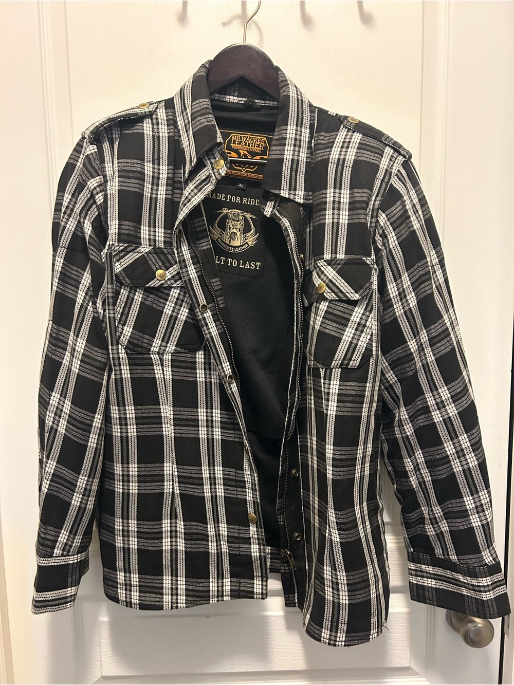 WOMENS Black & White Plaid Shirt Motorcycle Jacket - with Armour